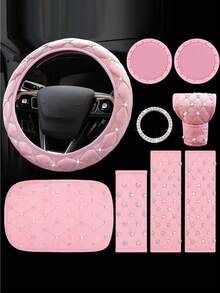 9pcs/4pcs Shiny Rhinestone Car Interior Accessories Set, Soft Leather Steering Wheel Cover, Gear Shift Cover, Handbrake Cover And Seat Belt Pad, Non-Slip Decorative Set, Suitable For Women, Universal For Sedan SUV Truck - Type a - View 2