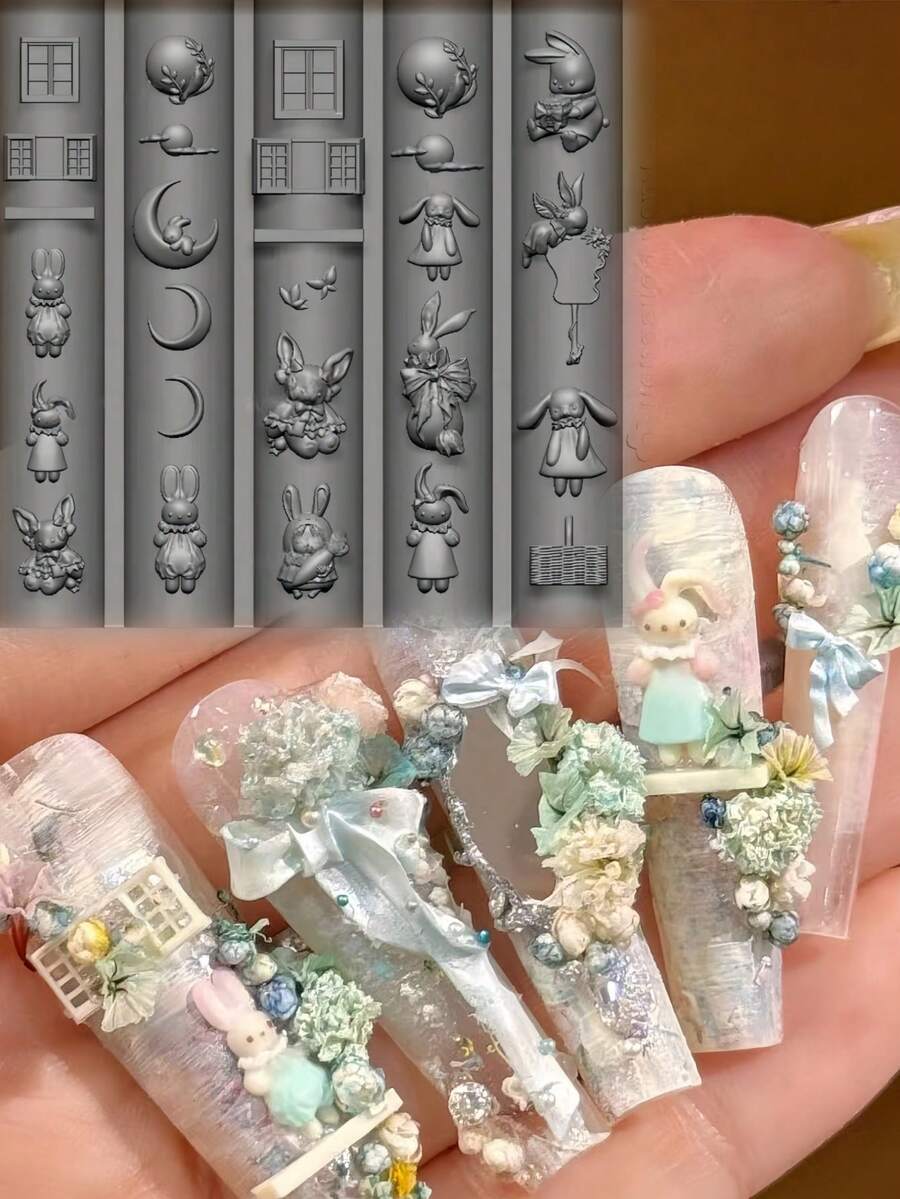 1pc Artistic Nail Art Mold, Chinese Style Osmanthus Jade Rabbit Moon Cake Mid-Autumn Festival 3D Carved Silicone Nail Mold For Press-On Nails - Clear - View 1