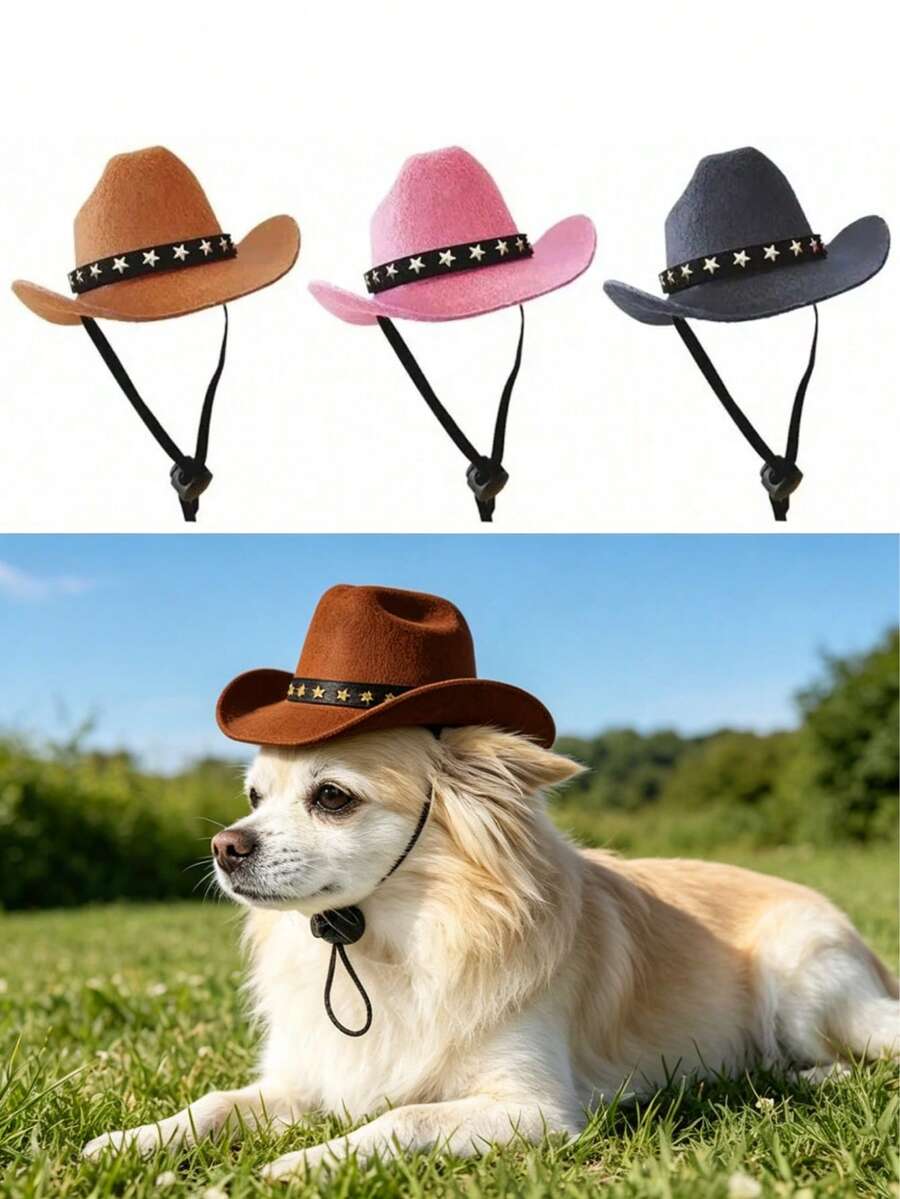 Mini Western Style Pet Cowboy Hat With Star Decoration, Adjustable, Suitable For Small Dogs And Cats Halloween Birthday Party Photo Props, Fun Pet Cosplay Headwear, Daily Wear - Multicolor - View 1