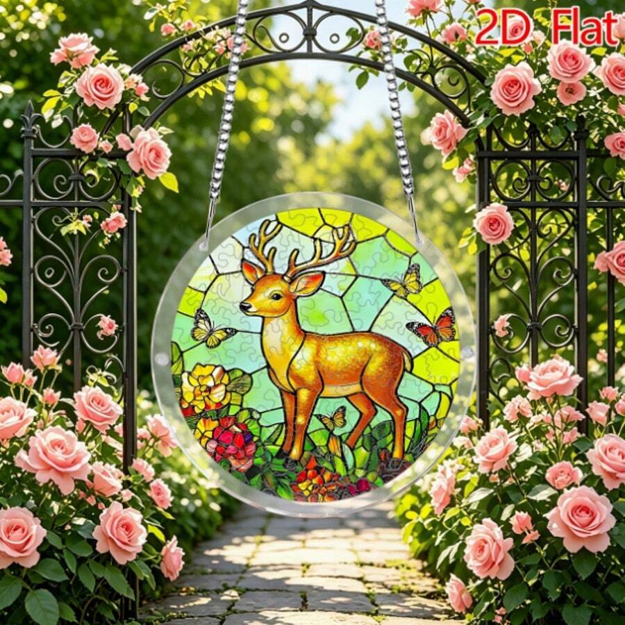 2D Flat Acrylic Puzzle Sun Catcher 83 Pieces, Golden Deer & Floral Theme Sun Catcher Puzzle, Home & Garden Decor, Suitable For Christmas, Thanksgiving, Anniversary, Birthday, Father's Day Gifts - A - View 1
