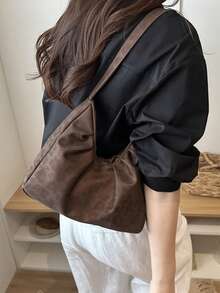 1 pieza Bolso de hombro de ante con estampado de leopardo de gran capacidad para mujer, bolso hobo con artesanía plisada, ideal para ir al trabajo o a la escuela. Este bolso de gran capacidad y ligero combina estilos casuales clásicos y casuales de negocios. Es perfecto para mujeres jóvenes, estudiantes universitarias y profesionales, adaptándose fácilmente a entornos de trabajo, temporada de regreso a clases, vida escolar/secundaria/universitaria y viajes de vacaciones. Un bolso de hombro de moda. - Café - Ver 4