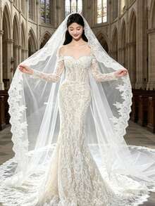 2026 Long Lace Veil, 1 Piece With 3-Meter Eyelash Lace Train, Built-In Metal Hair Comb, Suitable For Church And Cathedral Weddings, Bohemian Style. - Beige - View 2