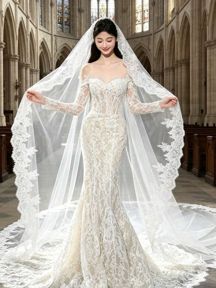 2026 Long Lace Veil, 1 Piece With 3-Meter Eyelash Lace Train, Built-In Metal Hair Comb, Suitable For Church And Cathedral Weddings, Bohemian Style.