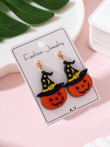 1 Pair Halloween Shiny Witch Hat & Pumpkin Patchwork Design Women's Fashion Jewelry Earrings, Perfect Gift For Holiday Parties - Multicolor - View 3