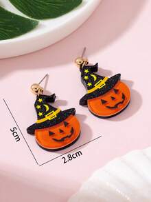 1 Pair Halloween Shiny Witch Hat & Pumpkin Patchwork Design Women's Fashion Jewelry Earrings, Perfect Gift For Holiday Parties - Multicolor - View 4