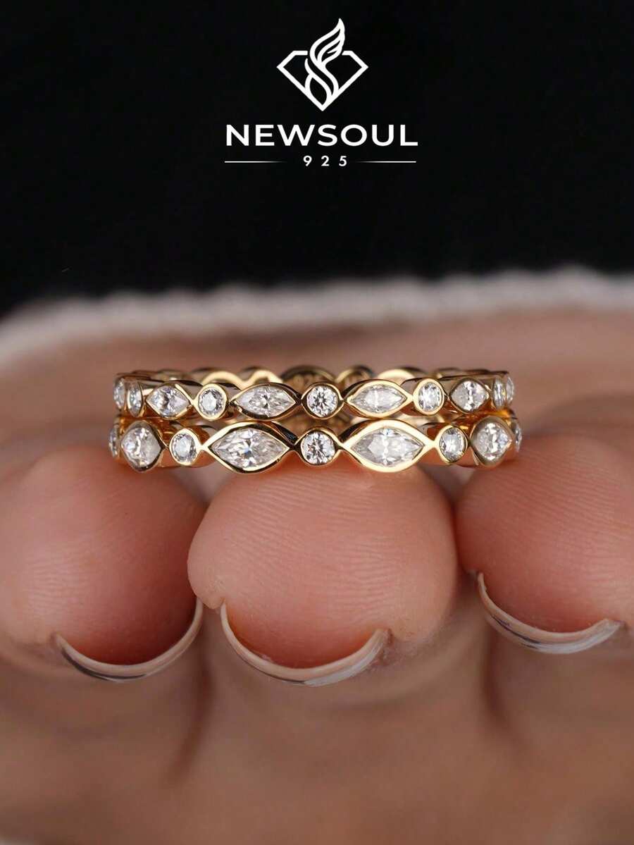 1 pieza Anillo de boda de plata de ley 925 con corte redondo de 1.5-2mm, anillo de media eternidad, con diamantes engastados a la mitad, apilable