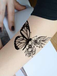 KING HORSE 1pc Waterproof Temporary Tattoo Sticker, Black Butterfly And Ink Style Floral Design - Black - View 3