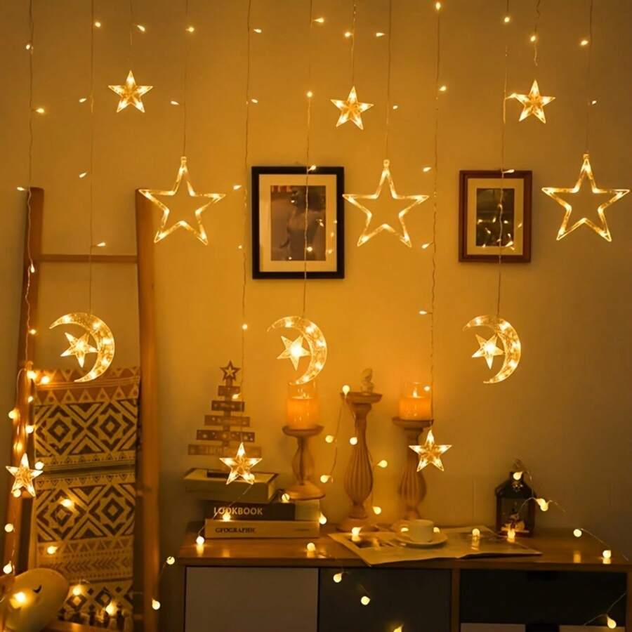 أضواء سلسلة عيد الميلاد LED، 8 أوضاع تعمل بالبطارية، بدون بطاريات مرفقة، أضواء نجمة وندفة ثلج مثبتة على الحائط لتزيين غرفة العطلات - النجوم والقمر - مشاهدة 1