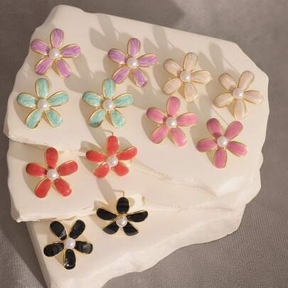 1 Pair Vintage Floral 2.6cm Pearl Earrings, Elegant Minimalist Style Oil-Drip Stud Earrings For Women, Niche High-End