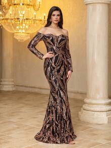 Regular Shoulder Mesh Embroidered Sequin Long Sleeve Elegant Glamorous Waist-Cinched Floor-Length Formal Evening Party Dress Wedding Spring - Champagne - View 4