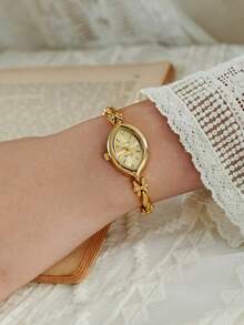 LSVTR 1pc Women's French Vintage Floral Chain Bracelet Watch, Gold Leaf-Shaped Dial Quartz Watch, Elegant Jewelry Wristwatch, Suitable For Daily Wear And Gift - Gold - View 9