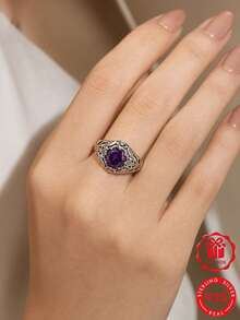1pc 925 Sterling Silver Vintage Palace Carved Synthetic Purple Zirconia Ring, Perfect For Daily Wear And Anniversary Gift, Comes With Gift Box - Silver - View 8