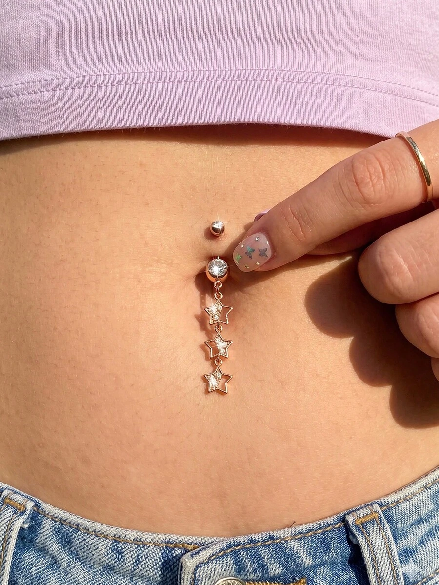 1pc Belly Button Ring Dangle Star Long Dangle Belly Button Ring | Y2K 2000s Navel Piercing, Party, Summer - Multicolor - View 1