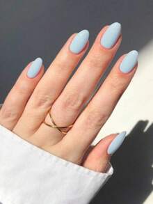 24pcs/Set Short Oval Nude Glossy Press-On Nail Tips, Macaron Candy Color Acrylic Fake Nails - Baby Blue - View 4