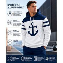 JUNQi Men's Anchor Print Long Sleeve,Comfortable Casual Sweatshirts,Machine Washable,Fall Clothes, Cozy Outfits - Blue and White - View 1