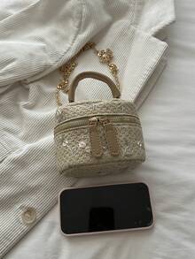 Tas Tangan Silinder Anyaman Bunga Lembut Gaya Prancis, Tas Mini Selempang Rantai untuk Acara Malam, Kotak Kosmetik - Khaki - View 9