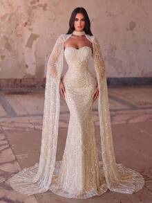Faeriesty Elegant Strapless Mermaid Long Dress With Cape Sleeves, Beaded Embroidery, Slim Fit Party - Champagne - View 1