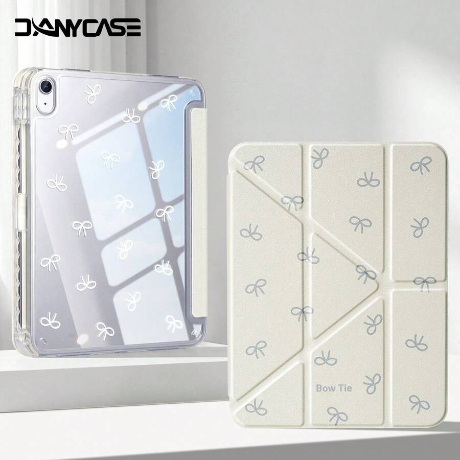 Cute Y-Fold Tablet Case With Pencil Holder For IPad Air 8 (M4) 11" 13" 2026 11th (A16) Air 11 M3 M2 Pro 11 M4 M5 7th 8th 9th 10.2" 10th 10.9 Air 4 Air 5 Corner Guard Design - Beige Bow - View 1