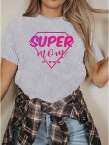 Women's Casual Sports T-Shirt With Round Neck, Elastic, Short-Sleeved, Printed With The Lettering "SUPER MOM", Spring/Summer Fashion, Women's Casual S - 白色 - 查看 8