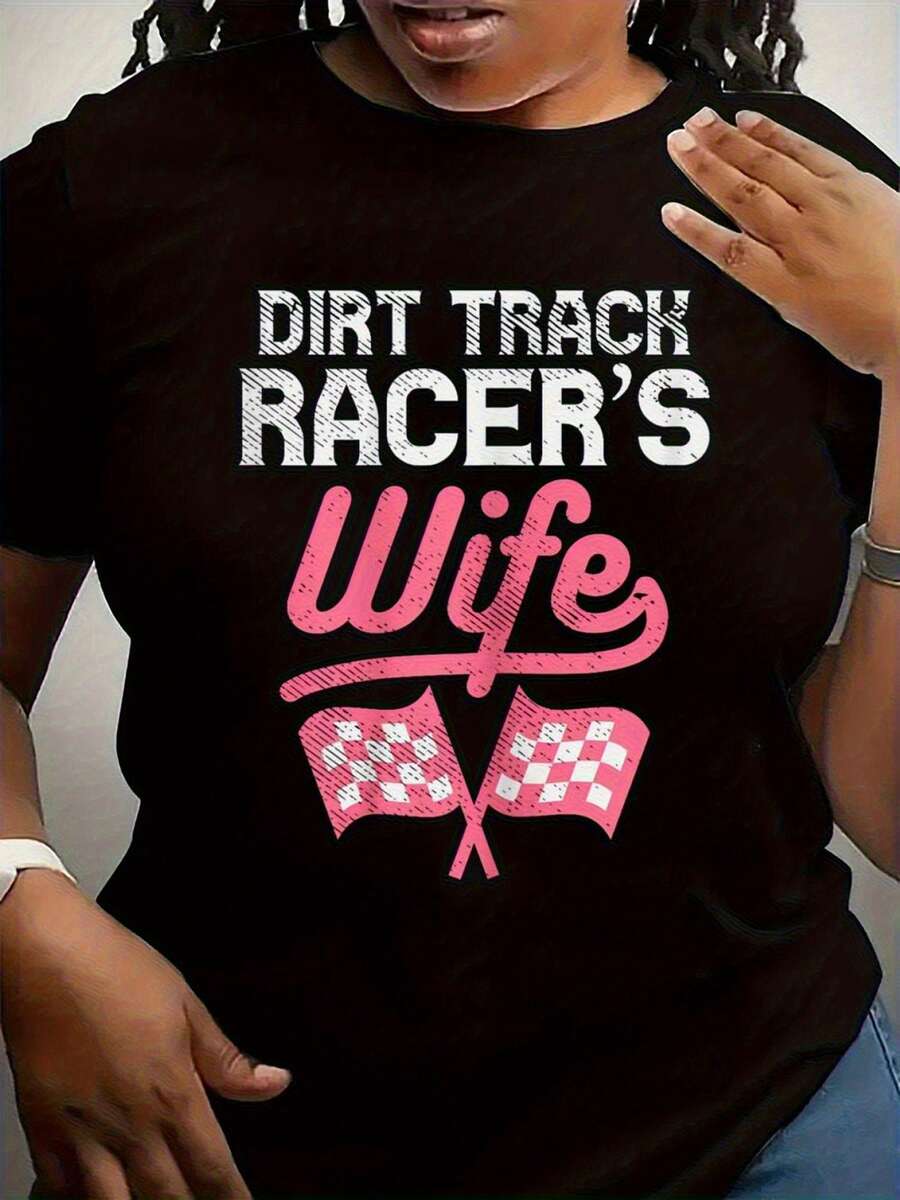 Women's Graphic T-Shirt "Racing Driver's Wife" – Black With Pink Checkerboard Pattern And Motorcycle Design, Breathable Stretch Fabric, Regular Fit, C - 黑色 - 查看 1