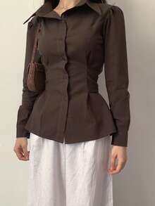 Blus Wanita Elegan Lengan Panjang Berkerah Kancing Depan Ikat Pinggang Belakang Potongan Ramping, Warna Polos Ikat Pinggang Belakang Kancing Depan untuk Kantor Kencan Sehari-hari Musim Gugur Musim Dingin - Cokelat - View 5