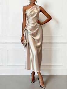 Women's Summer Evening Midi Dress, Elegant One-Shoulder Ruched Fitted Style, Satin Fabric, Sleeveless, Champagne Black Blue, Draped Design, Luxurious - Champagne - View 3