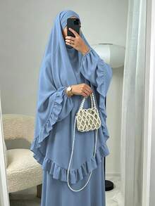 Elegant Ruffle Detail Khimari Long Robe Set, Loose Plus Size Full Length Modest Women's Clothing, Suitable For Middle Eastern Women's Daily Casual Occasions - Multicolor - View 5