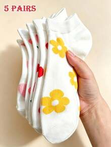 5雙女款春夏短襪，可愛花卉、蝴蝶結、愛心圖案，踝襪與短襪，白色襪子，學院風，適合日常休閒穿著/適合春夏穿著，適合返校季購買/適合母親節禮物 - 白色 - 查看 1