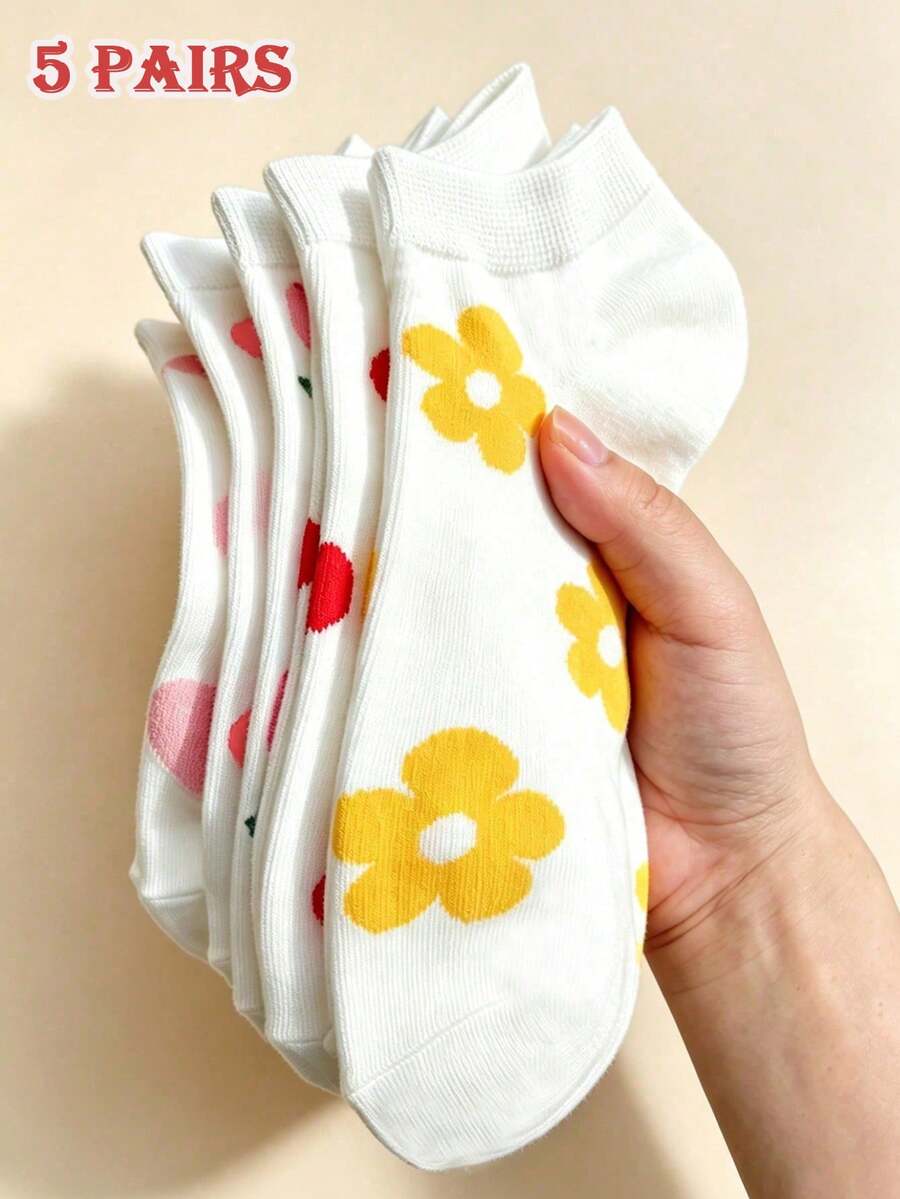 5雙女款春夏短襪,可愛花卉、蝴蝶結、愛心圖案,踝襪與短襪,白色襪子,學院風,適合日常休閒穿著/適合春夏穿著,適合返校季購買/適合母親節禮物 - 白色 - 查看 1
