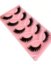 5 Pairs Black Band Wispy Cat Eye 3D Faux Mink Reusable Lashes - 粉色 - 查看 3