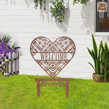 2D Flat Style, [2D Flat] 1pc Vintage Rusty Metal Heart-Shaped Garden Stake, 2D Flat "WELCOME" Silhouette Sculpture With Easy-Install Ground Stake Base, Suitable For Yard, Patio, Garden Decoration, Housewarming Gift, Valentine's Day, Wedding, 2D Flat Style - A - View 3