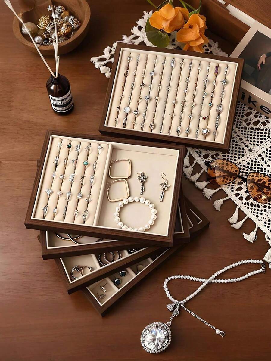 1pc Large Wooden Jewelry Tray, Jewelry Storage & Display Tray, Drawer-Style Earring Storage Box, Stackable Jewelry Storage Tray, Multi-Functional Jewelry Display Tray - Multicolor - View 1