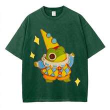 Summer Tops 100% Cotton, Funny Clown Frog Print T-Shirt, Suitable For Daily Wear, A Must-Have For The Beach, Cute Cartoon Pattern, Unisex, Perfect Gif - أخضر غابي - مشاهدة 1