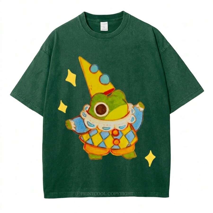 Summer Tops 100% Cotton, Funny Clown Frog Print T-Shirt, Suitable For Daily Wear, A Must-Have For The Beach, Cute Cartoon Pattern, Unisex, Perfect Gif - أخضر غابي - مشاهدة 1