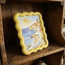 Yellow Wavy Border Photo Frame Display Box, Bedroom Nightstand Decor, Desktop Photo Frame, Coastal Style Wavy Photo Frame, Simple Mirror Can Be Used As Photo Frame, Art Display Photo Frame, Yellow Coastal Printed Mirror Can Be Used As Photo Frame, K-Pop Star Card Photo Album - Multicolor - View 5