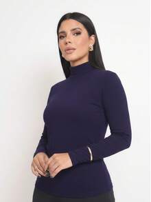 Basic Polyamide Blouse, Long Sleeves With Thumb Loops, High Neck. Second Skin, Plus Size/Slim. - 藏蓝色 - 查看 4