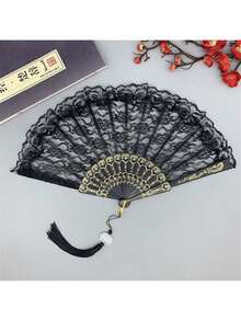 1pc French Fashion Vintage Lace Tassel Folding Small Fan, Portable Dance Folding Fan For Summer - White - View 10