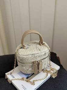 Tas Tangan Silinder Anyaman Bunga Lembut Gaya Prancis, Tas Mini Selempang Rantai untuk Acara Malam, Kotak Kosmetik - Khaki - View 3