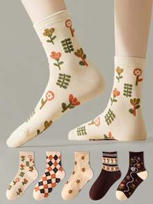 ZUJO 4 Pairs Women's Mid-Calf Socks In Maillard Color Palette, Floral Pattern, Soft And Breathable, Suitable For Spring, Autumn, Winter Daily Wear - Multicolor - View 3