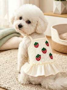 Spring/Summer Breathable Crochet Fabric Pet Cat/Dog Harness Dress, Strawberry Decor, Ruffle Hem Design - Apricot - View 5