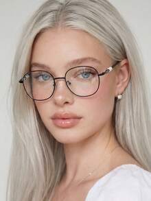 1 Pair Women's Black Round Metal Frame Pearl Decor Elegant Non-Prescription Glasses - Black - View 2