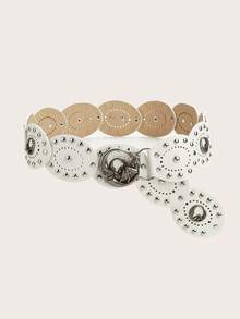1pc Women's Bohemian Style White Patchwork Vintage Metal PU Belt With Silver Moon Accessory, Suitable For Dresses, Jeans, Music Festival And Commute Outfits - Moon Accessories With Silver Rivets and White Trim - View 31