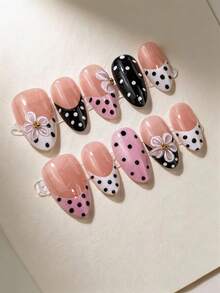 10 piezas de uñas postizas con forma de almendra de longitud media-larga con relieve 3D, puntas de uñas falsas de estilo francés minimalista de alta gama con lunares, realzan instantáneamente tu apariencia, resaltan la elegancia personal sencilla, elegante y concisa, estilo princesa Y2K minimalista y sexy, adecuadas para el uso diario de mujeres y niñas, también un regalo delicado para mujeres y niñas, uñas adhesivas, suministros de uñas - Multicolor - Ver 7