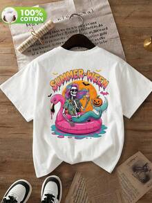 Summerween 骷髏美人魚與火紅弗明哥浮筒設計休閒襯衫，海灘風萬聖節大尺碼純棉服飾 - 白色 - 查看 3