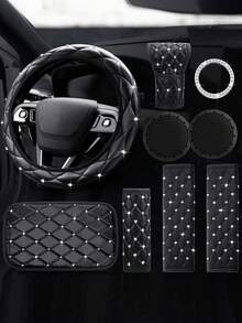 9pcs/4pcs Shiny Rhinestone Car Interior Accessories Set, Soft Leather Steering Wheel Cover, Gear Shift Cover, Handbrake Cover And Seat Belt Pad, Non-Slip Decorative Set, Suitable For Women, Universal For Sedan SUV Truck - Type a - View 14