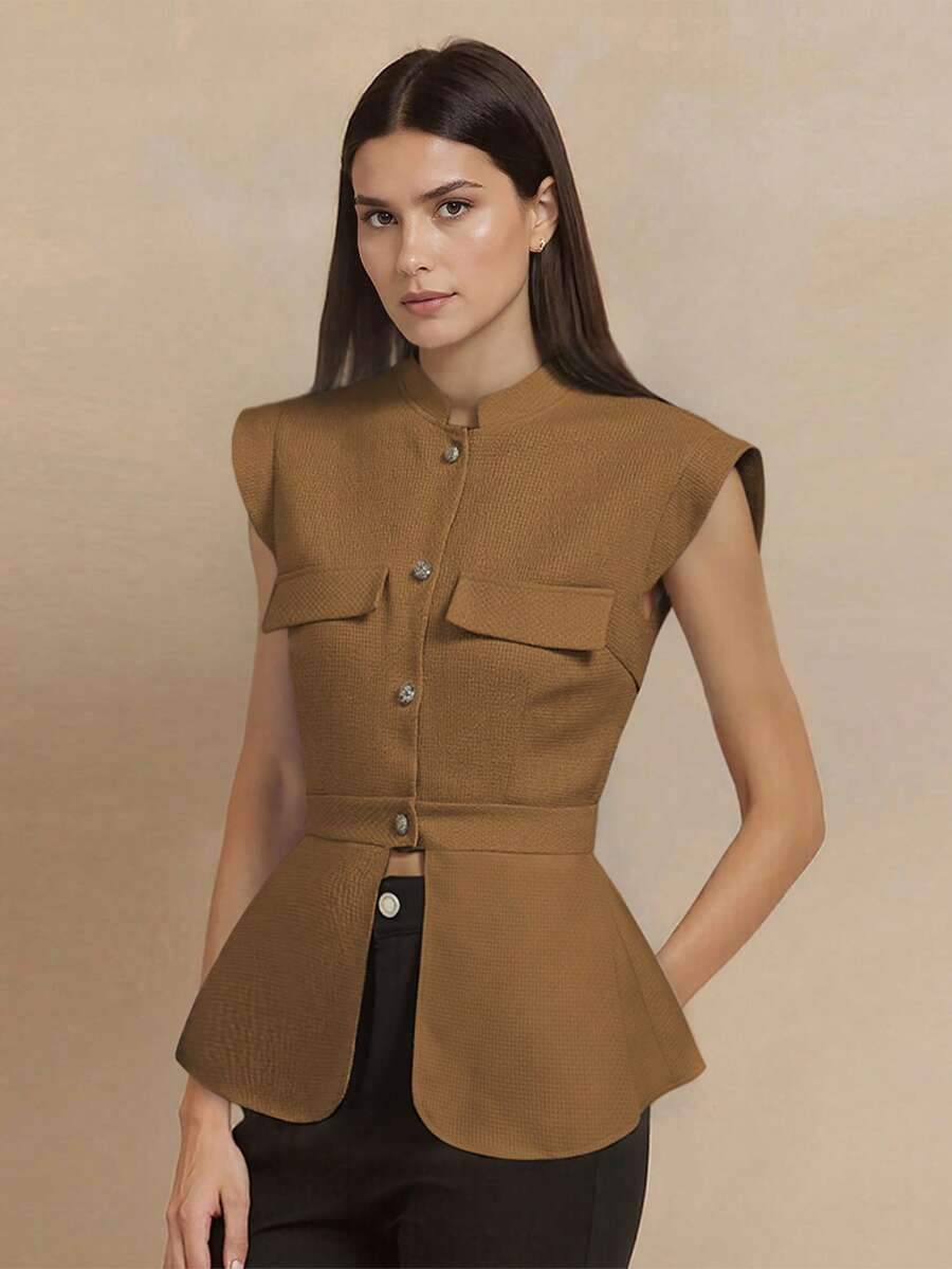 Women's Solid Color Casual Versatile Daily Wear Vest Jacket - Coffee Brown - View 1