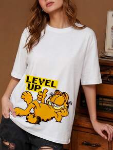 SHEIN | Garfield 女款復古像素卡通與多色字母印花圓領T恤，休閒寬鬆街頭風短袖上衣，夏季日常穿搭 - 白色 - 查看 2