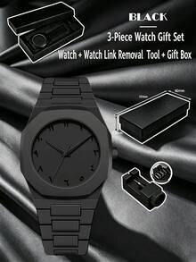3pcs/Set Minimalist Octagonal Dial Quartz Watch Set - Includes Watch, Link Adjustment Tool And Gift Box, Student/Teenager Daily Casual Wristwatch Full Color Matching - Black - View 14