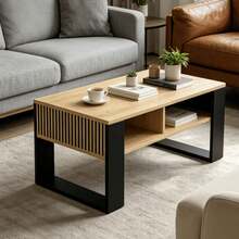 1 Piece Practical Multi-Compartment Living Room Coffee Table, Two Optional Internal Storage Layouts Slatted Concealed Side Panel Double-Layer Storage Space, For Household Guest Room Small Lounge, Tea Stand, Living Room Center Table, Media - Multicolor - View 1