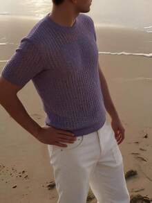 MEN'S ROUND NECK SHORT-SLEEVED KNITTED SWEATER - Dusty Purple - View 2